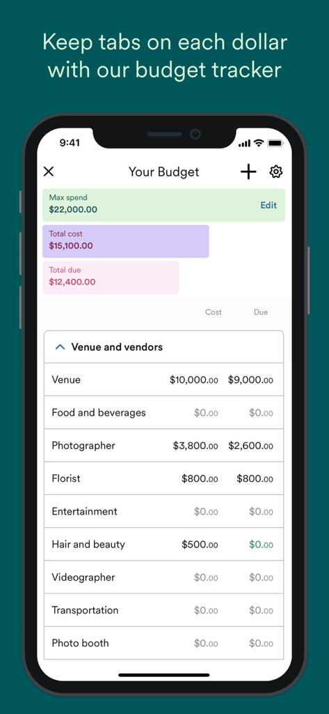 Zola - Wedding Planner - Zola wedding planner app budget tracker interface showing expenses for venue and vendors