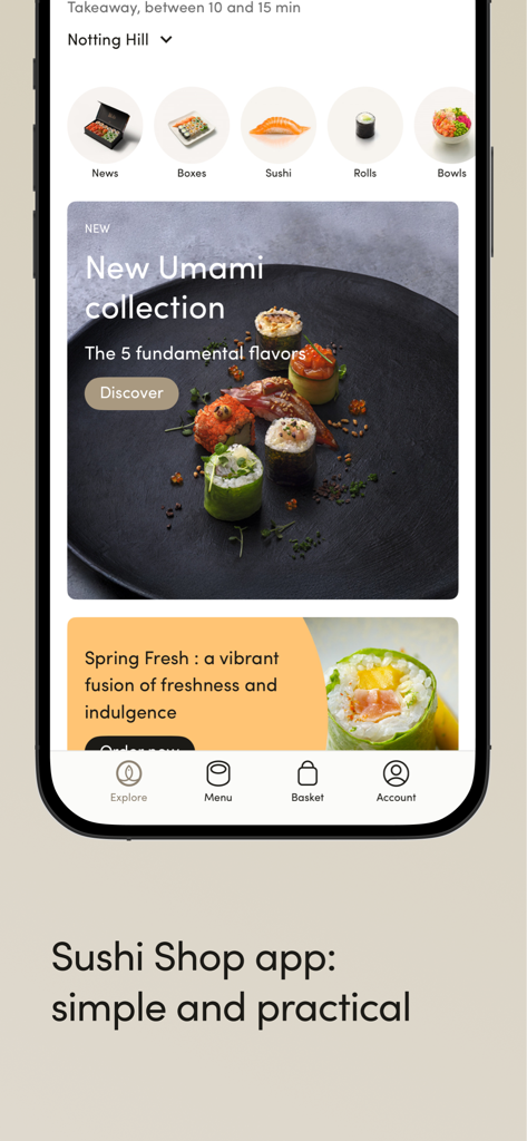 Sushi Shop, livraison de repas - Écran d'accueil de l'application mobile Sushi Shop présentant la collection Umami et les catégories du menu