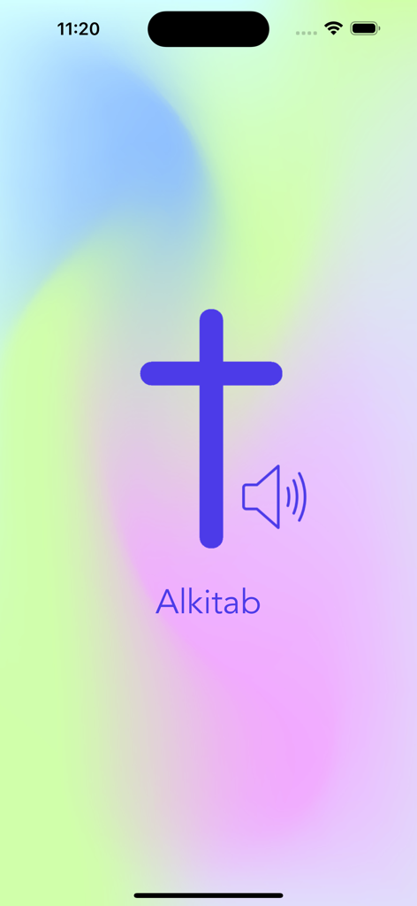 Alkitab Audio - Alkitab Audio app splash screen with a blue cross and speaker icon on a soft gradient background