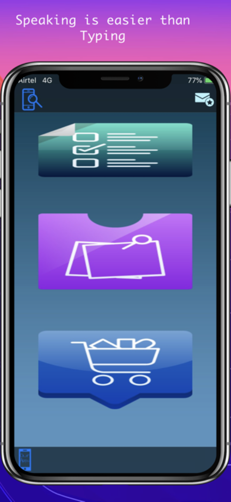 Speech to Text app main screen showing options for notes and shopping lists