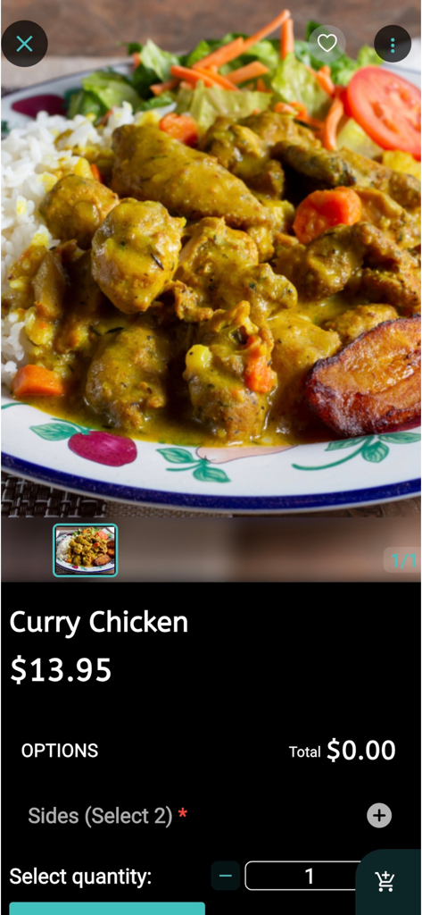 Fire And Spice Restaurant - Pantalla de la aplicación móvil del Restaurante Fire and Spice que muestra un plato de pollo al curry con opciones de pedido