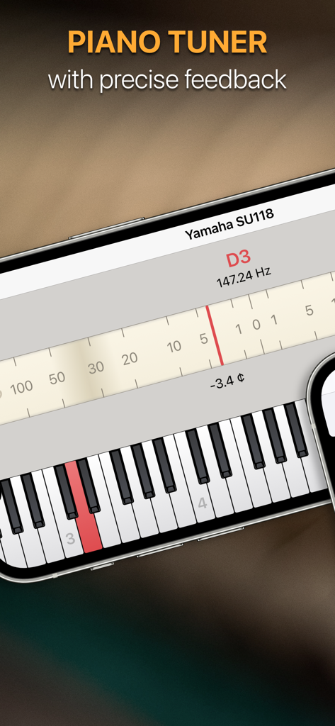 pianoscope – Piano Tuner - Una pantalla de smartphone mostrando la interfaz de la aplicación afinador de pianos pianoscope con retroalimentación precisa de frecuencia y una escala de afinación para un piano Yamaha.