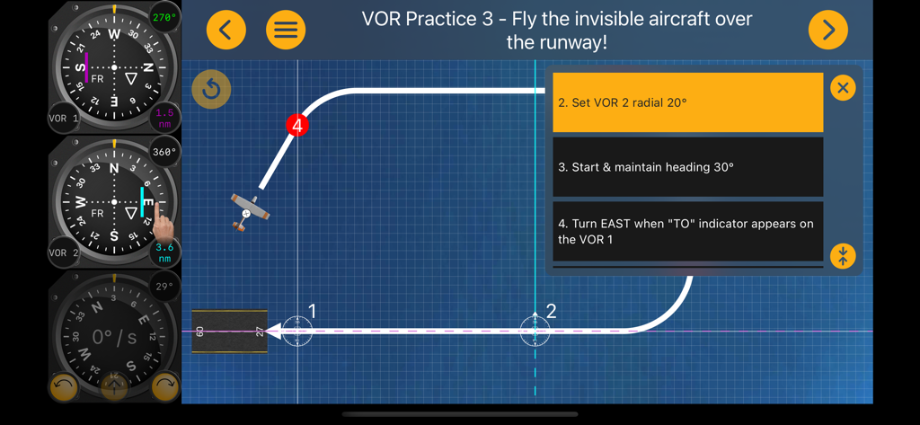 VOR + ILS Trainer – IFR Pilot - VOR navigation practice interface with flight instruments and top-down aircraft simulator