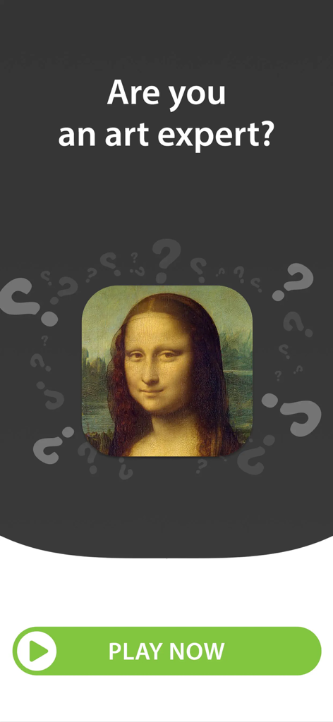 Art Challenge: Quiz Game - Pantalla de inicio de Art Challenge Quiz Game con la pintura de la Mona Lisa y el texto ¿Eres un experto en arte?
