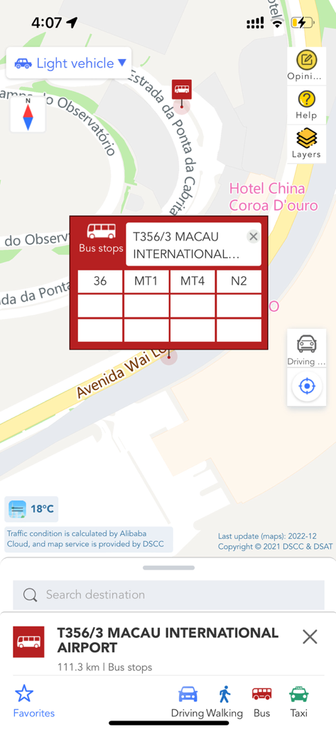 Macao Smart Go app map view showing bus stop at Macau International Airport