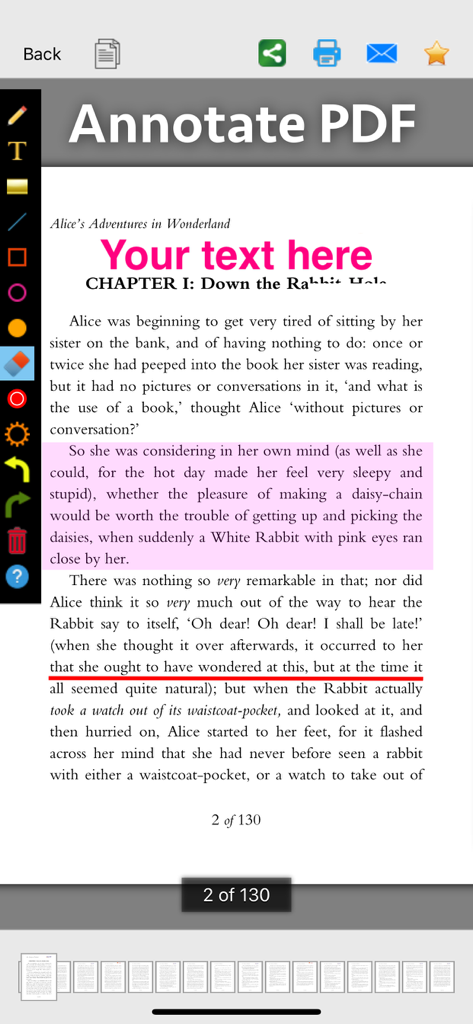 PDFマークアップおよび注釈メーカーアプリのスクリーンショット。ドキュメントへのハイライト、下線、テキスト追加のためのツールが表示されています