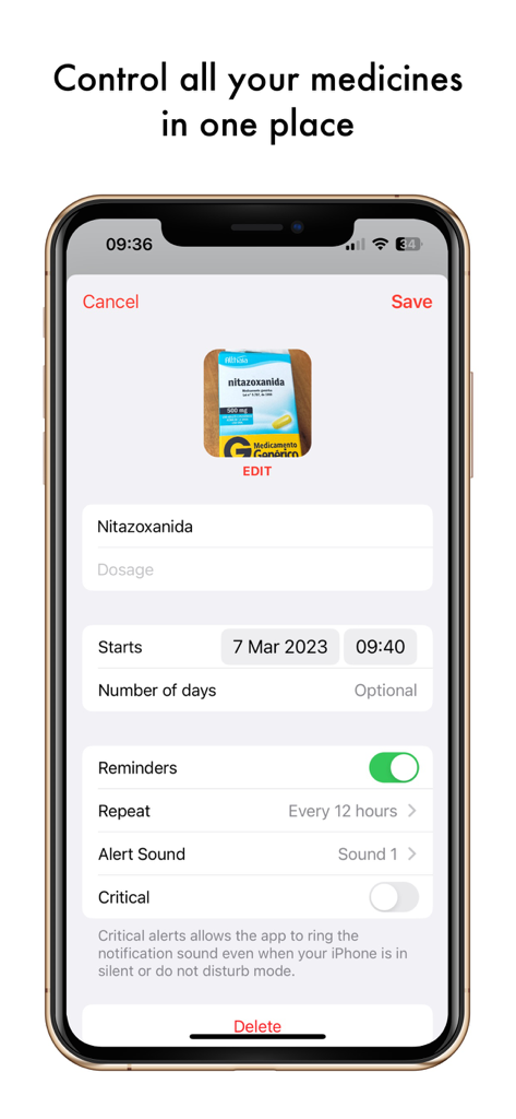 iPhone screen showing the setup for a medication reminder including pill photo, name, and schedule settings.