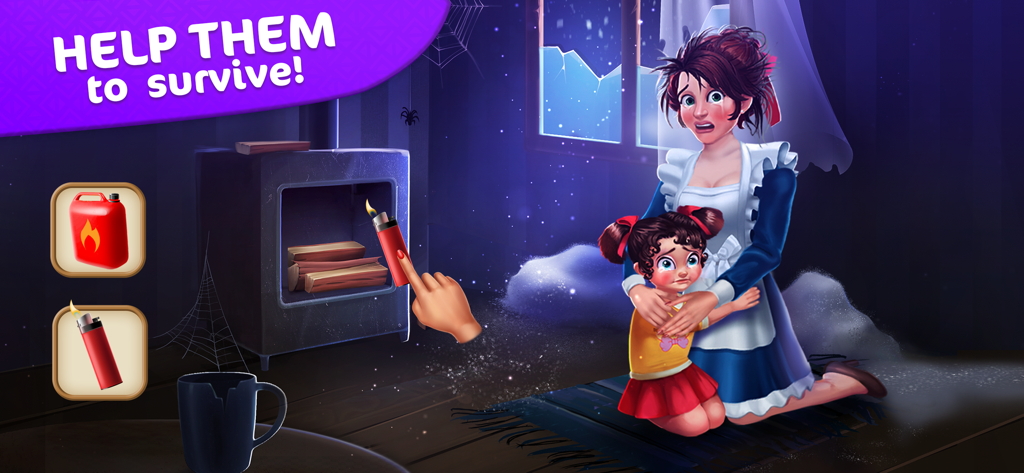 A survival mini game scene in Hidden Hotel where the player uses a lighter to help a scared woman and child.