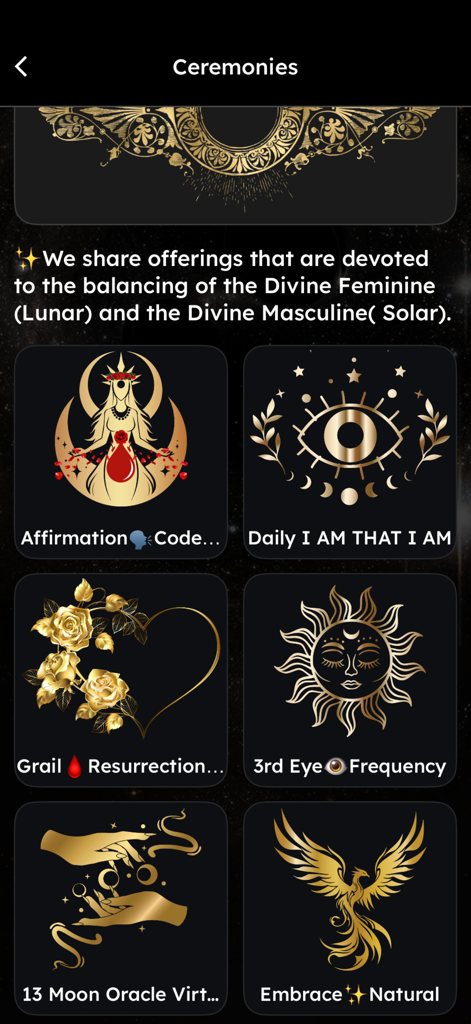 Un menu d'offres de cérémonies spirituelles dans l'application Lightbody présentant des icônes dorées sur fond sombre pour les rituels et les affirmations.