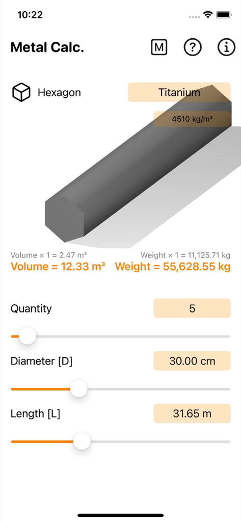 Interface de l'application Metal Calculator Plus calculant le volume et le poids de barres hexagonales en titane