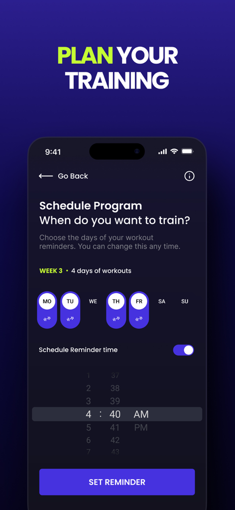 Onemor: Workout & Fitness App - Pantalla que muestra la configuración del planificador de entrenamiento y recordatorios en la app de fitness Onemor.