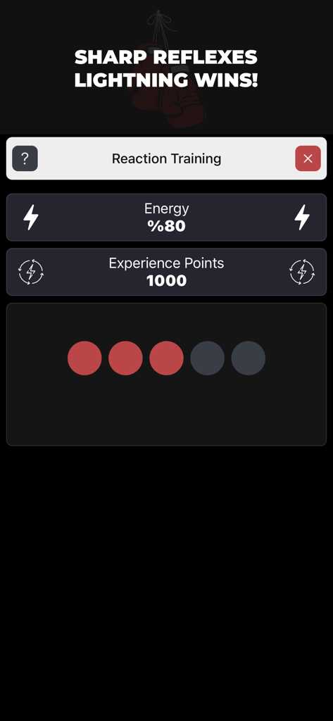 Superstar: Real Boxing Manager - Screenshot of the reaction training mini-game in Superstar Real Boxing Manager showing energy and experience stats.