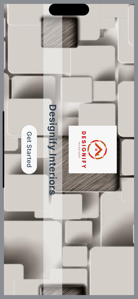 Designify Interiors - Écran de démarrage de l'application Designify Interiors avec le logo de l'entreprise et un bouton Démarrer sur un fond géométrique abstrait.