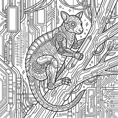 Embark on a futuristic coloring adventure with this unique tree kangaroo, reimagined in a striking cyberpunk style. Its mechanical details and the high-tech jungle environment offer a captivating canvas for your creativity.