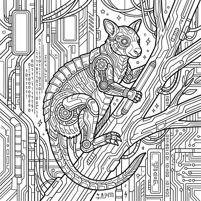 Embark on a futuristic coloring adventure with this unique tree kangaroo, reimagined in a striking cyberpunk style. Its mechanical details and the high-tech jungle environment offer a captivating canvas for your creativity.