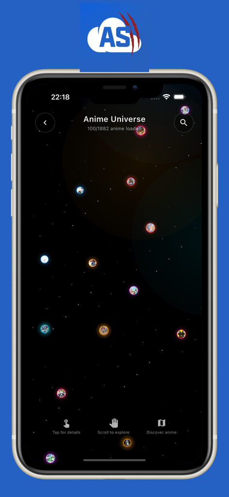 Interactive space-themed Anime Universe screen in the Anime Slayer app for discovering series