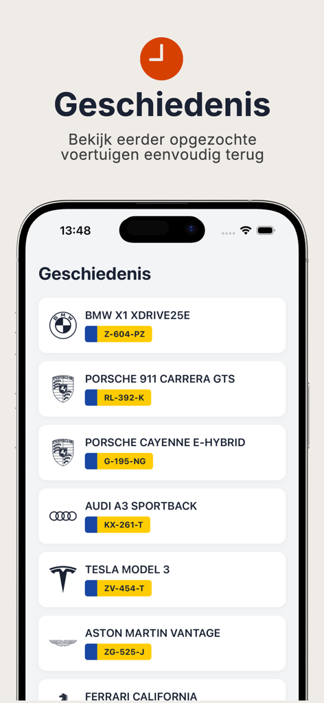 Screenshot of the vehicle search history in the Kenteken Check Auto app showing various car brands and Dutch license plates.