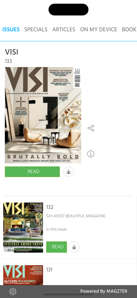 VISI Magazine - Digital issues library in the VISI Magazine app showing covers of South African design and architecture magazines.