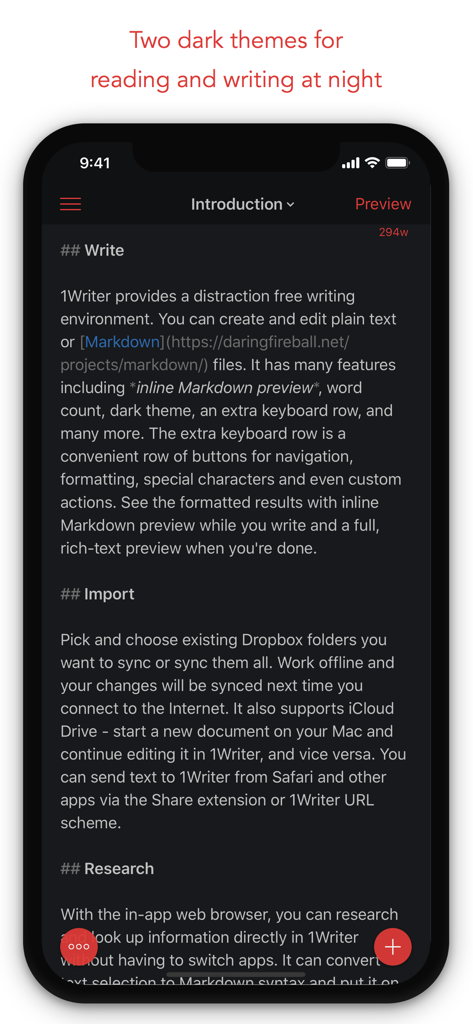 1Writer Markdownテキストエディタが、夜間の執筆のためにダークテーマを表示