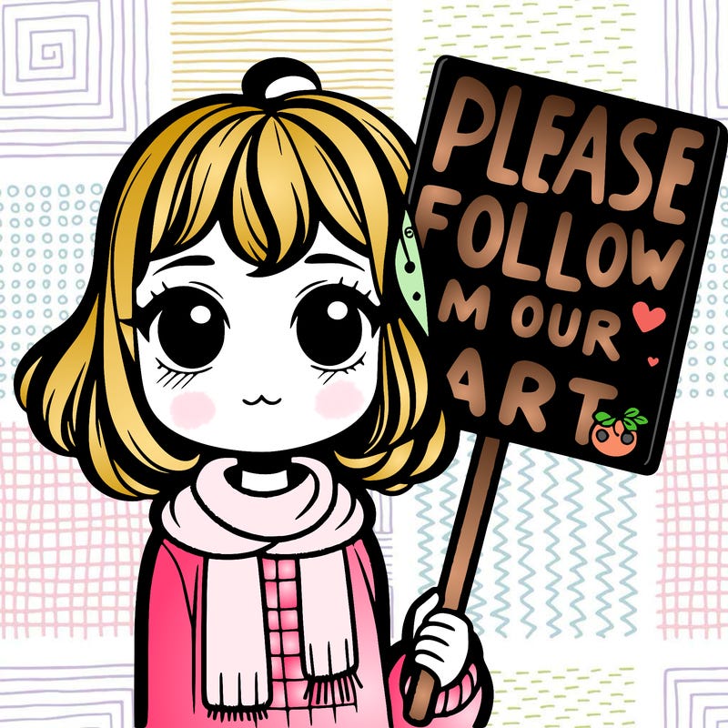 a girl holding a sigh that says , please follow my art