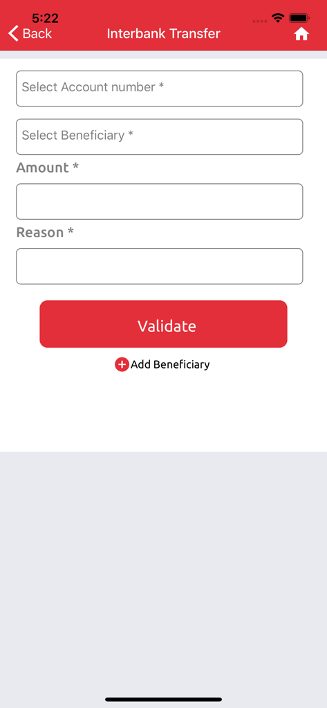 SARA BY AFRILAND - Interbank transfer interface in the SARA BY AFRILAND mobile banking app