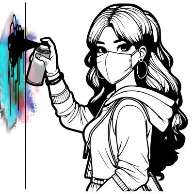 realistic girl with mask spray painting a wall