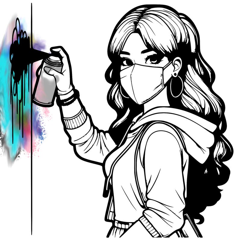 realistic girl with mask spray painting a wall