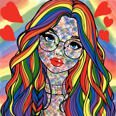 girl with long hair and freckles and glasses realistic