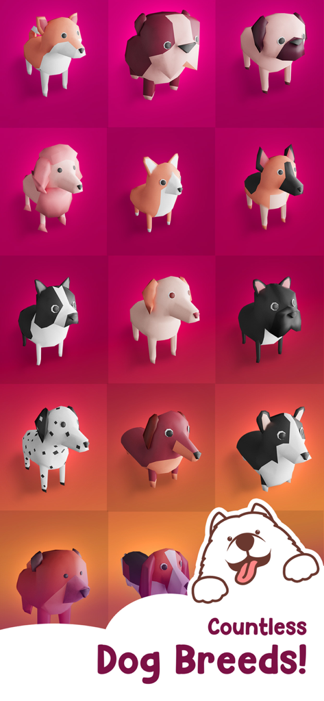 Dog Hotel Tycoon: Pet Game - Una colorida cuadrícula de varias razas de perros de baja poligonización disponibles en el juego