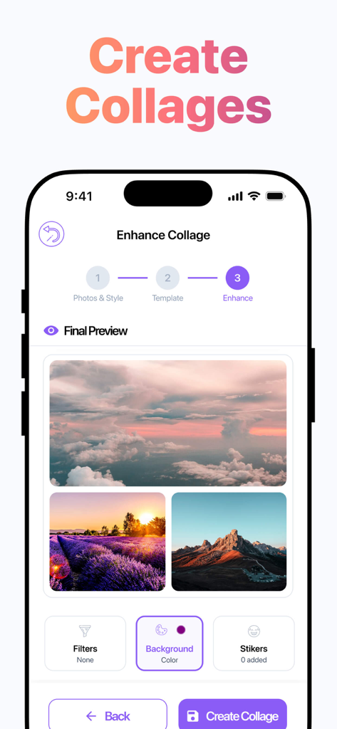 Layout for Instagram + - Una captura de pantalla de la aplicación Layout for Instagram Plus que muestra una vista previa de un collage con fotos en formato horizontal y opciones de edición como filtros y pegatinas.