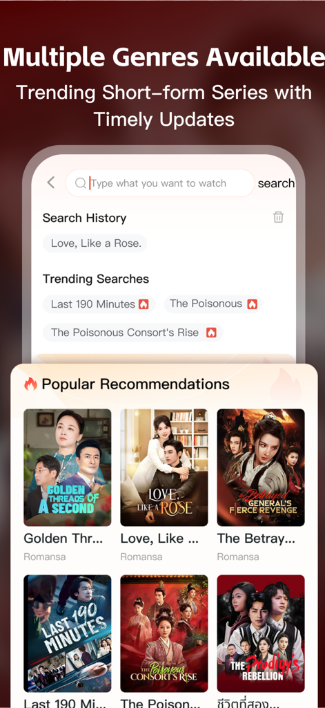SnapDrama-Stream Drama Shorts - Interfaz de la aplicación SnapDrama que muestra series de drama de formato corto de tendencia y recomendaciones.