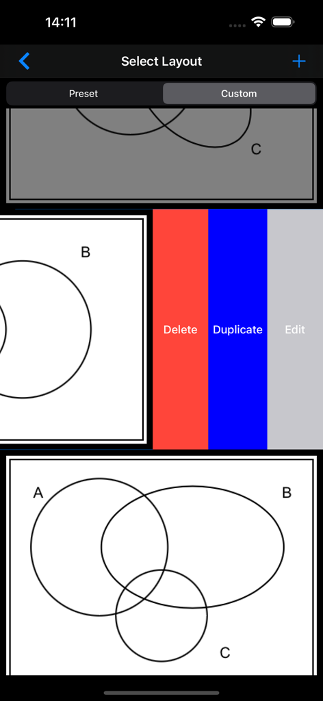Venn Diagram Shader - Interfaz de la aplicación Shader de Diagramas de Venn que muestra la gestión de diseños personalizados con opciones para eliminar, duplicar y editar diagramas.