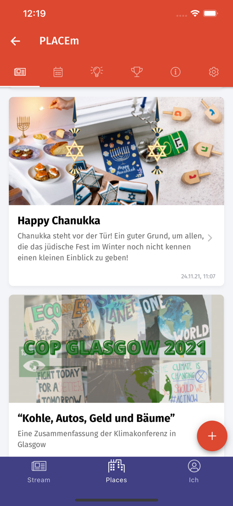 PLACEm - Die Mitrede-App - Le flux d'actualités de l'application PLACEm présentant les mises à jour de la communauté et les sujets de discussion locaux.