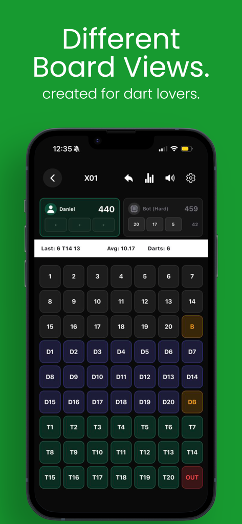 Darts Scoreboard: Darts Scorer - Darts Scoreboard App-Oberfläche, die eine Scoring-Tastatur für ein X01-Spiel gegen einen KI-Bot zeigt