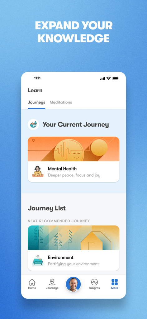 The Fortify app interface displaying educational journeys for mental health and environment optimization.