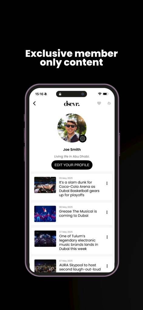 Tela de perfil de usuário no aplicativo móvel dscvr.ae mostrando conteúdo exclusivo para membros e listagens de eventos curados nos Emirados Árabes Unidos.