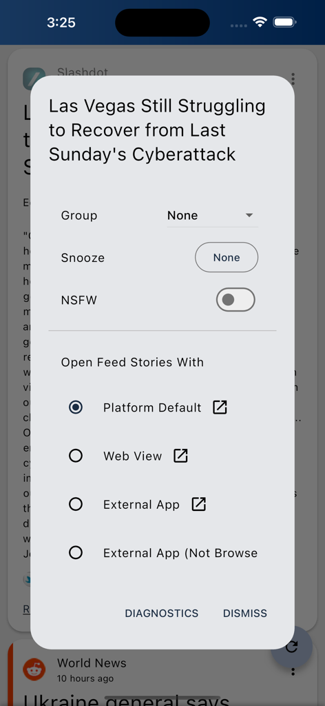 Article menu in Stratum app showing snooze and open feed options