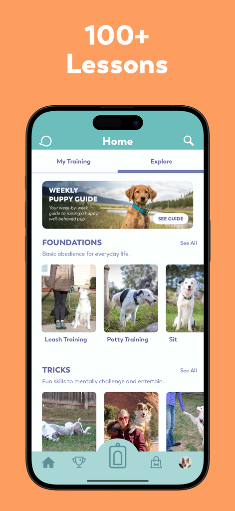 Puppr - Dog Training & Tricks - The home screen of the Puppr dog training app featuring a weekly puppy guide and various training lessons.