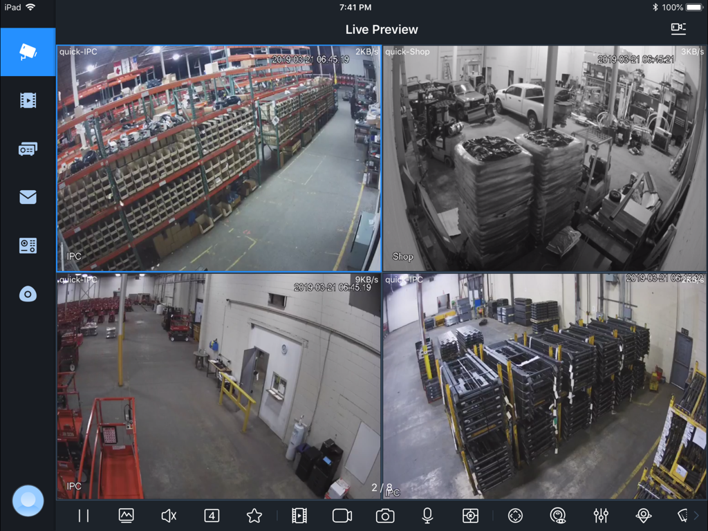 MontavueGO Tablet - Split screen live preview of warehouse security cameras on the MontavueGO Tablet app