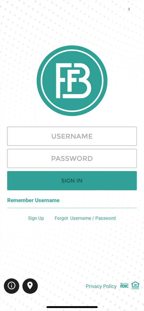 Tela de login do aplicativo móvel FFB Bank com o logotipo do FFB e campos de entrada de login