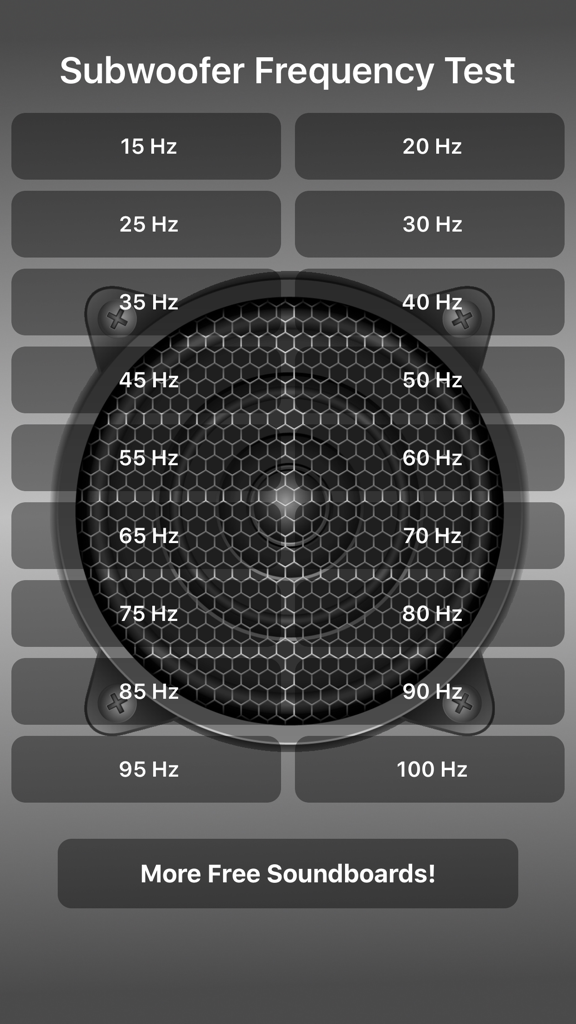 Subwoofer Frequency Test app interface with buttons ranging from 15Hz to 100Hz