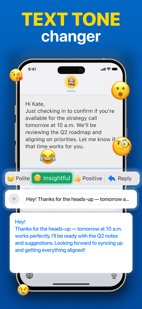 AI Translator Keyboard Instant - Mobile interface of AI keyboard showing a text tone changer with options for polite insightful and positive messaging