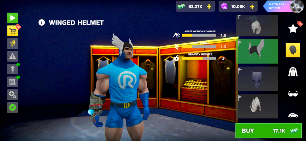 Rope Hero: Mafia City Wars - Superhero character customization menu with a winged helmet in Rope Hero Mafia City Wars.