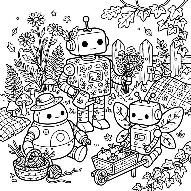 Step into a charming world where adorable toy robots embrace the rustic beauty of cottagecore living. This delightful coloring page invites you to bring a cozy garden scene, bustling with whimsical robotic friends, to vibrant life.