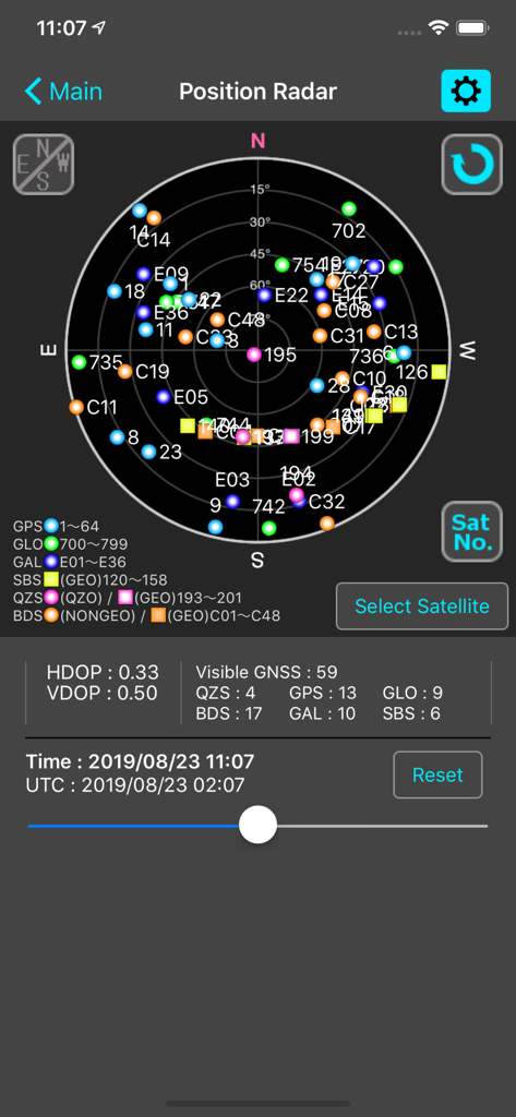 GNSS View app Position Radar screen displaying a satellite sky plot with HDOP and VDOP metrics