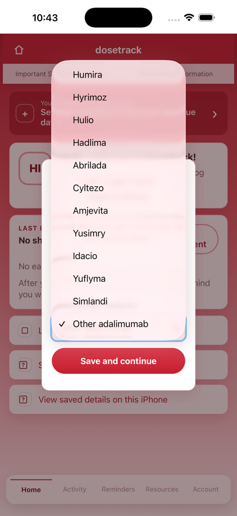 DoseTrack Injection Log - DoseTrack app screen showing a selection menu for different adalimumab medication brands like Humira and Amjevita
