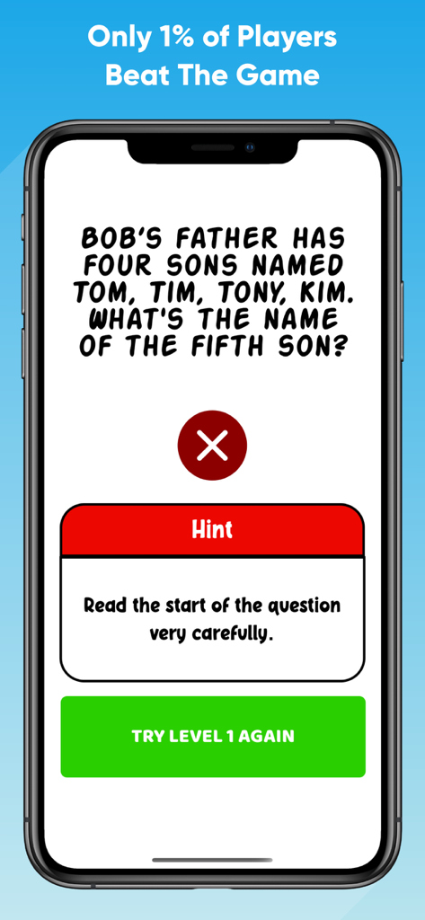 Impossible Quiz - Hard Test - A tricky logic riddle question with a failure message and hint box in the Impossible Quiz mobile game