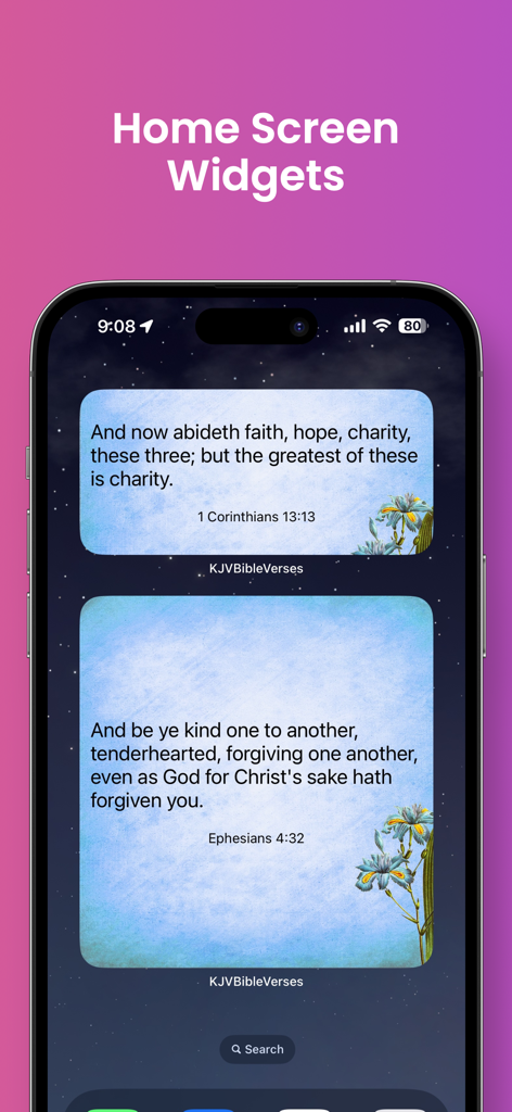 KJV Bible Verses Widget - An iPhone displaying two King James Version Bible verse widgets on a starry home screen background