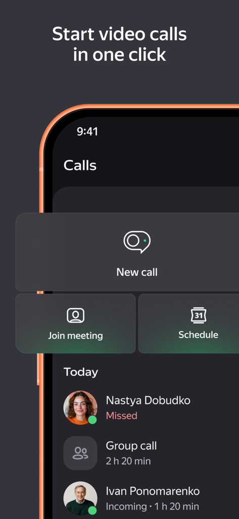 Yandex Telemost - Yandex Telemost mobile app interface showing options to start join or schedule a video call with a list of recent calls