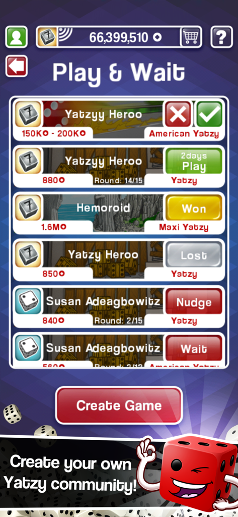 Yatzy Ultimate - A screen showing various active multiplayer dice games in Yatzy Ultimate.